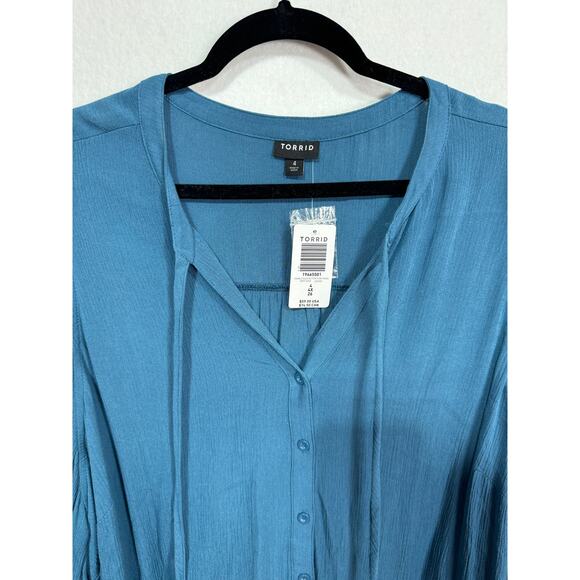 Torrid Blue Crinkle Gauze Button Front Blouse Tie Neck Long Sleeve 4X Blue New - Picture 5 of 8